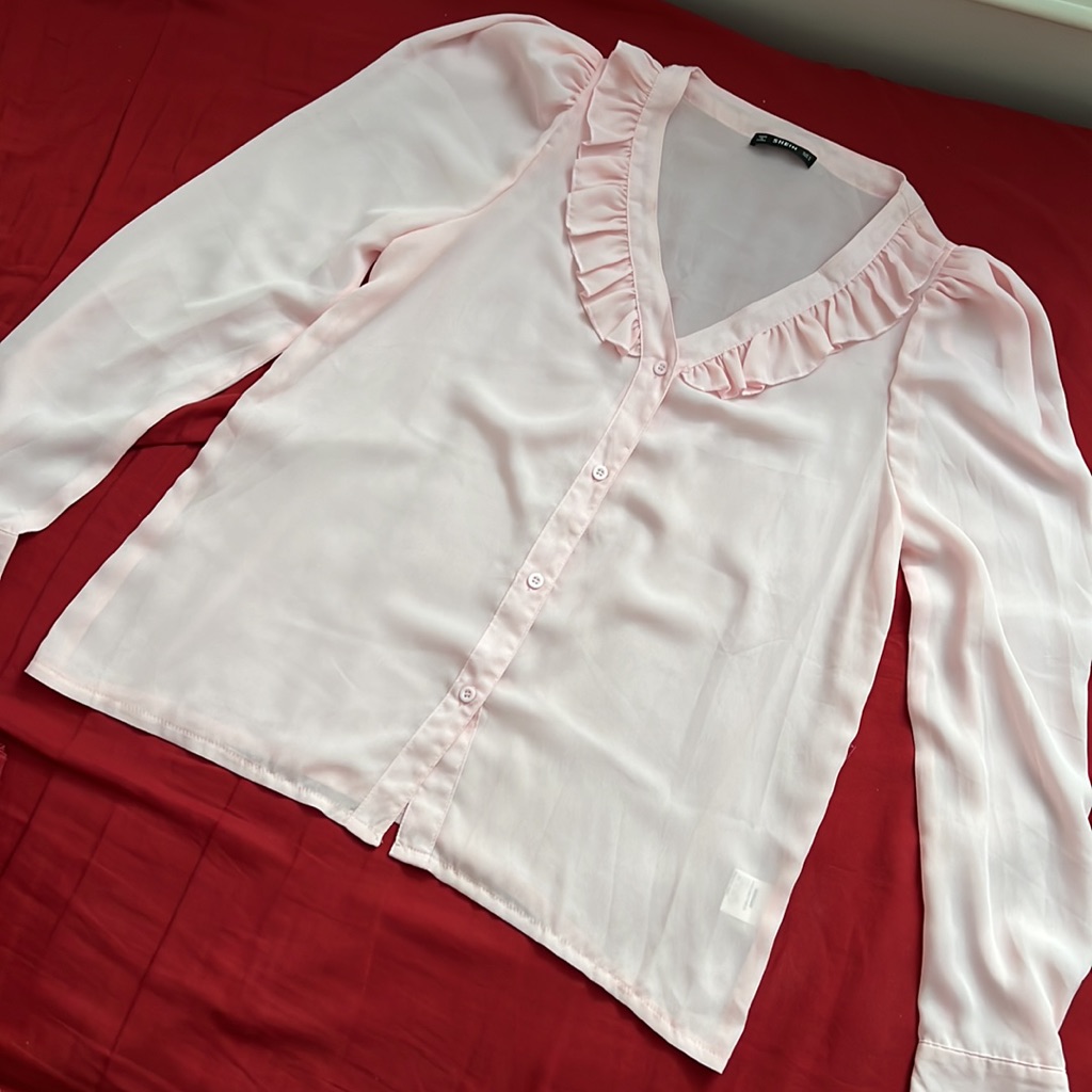 Ruffle Trim Solid Buttoned Blouse